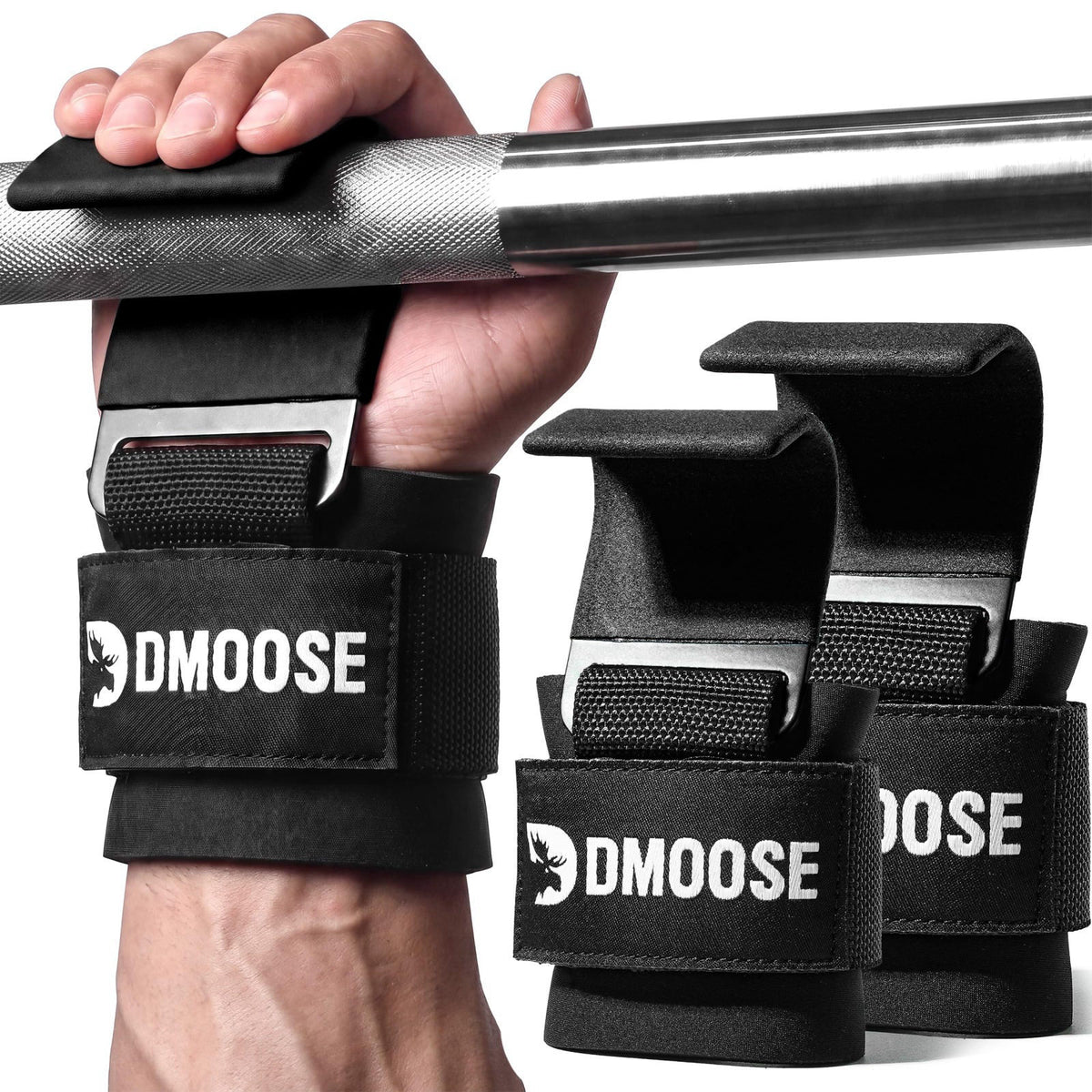 DMoose Fitness Weight Lifting Hooks (Pair) for Deadlifts, Pull Ups, Rows & Shrugs - Anti-Rip Nylon Strap Hand Grips with