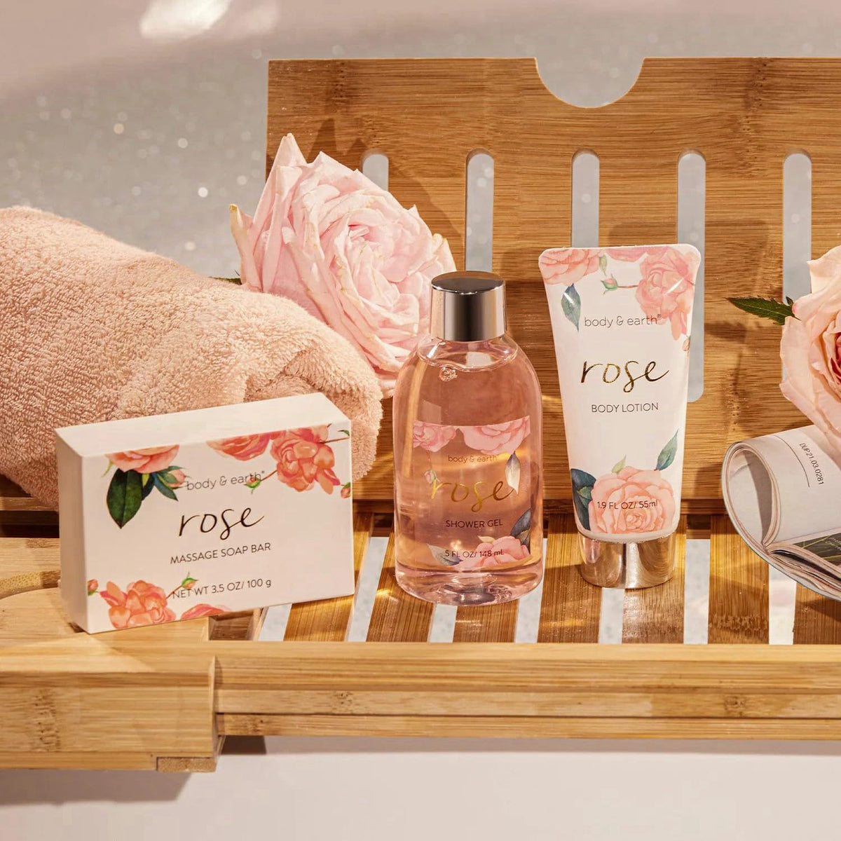 BODY & EARTH Spa Gift Sets for Women - Rose Bath and Body Care Gift Baskets, Beauty Christmas Holiday Birthday Gifts for