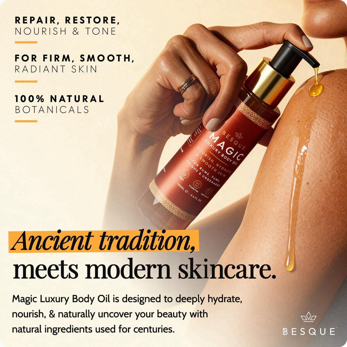 Besque Original Magic Body Oil - Hydrating Body Oils for Women - 3.4 FL OZ – packaging and label