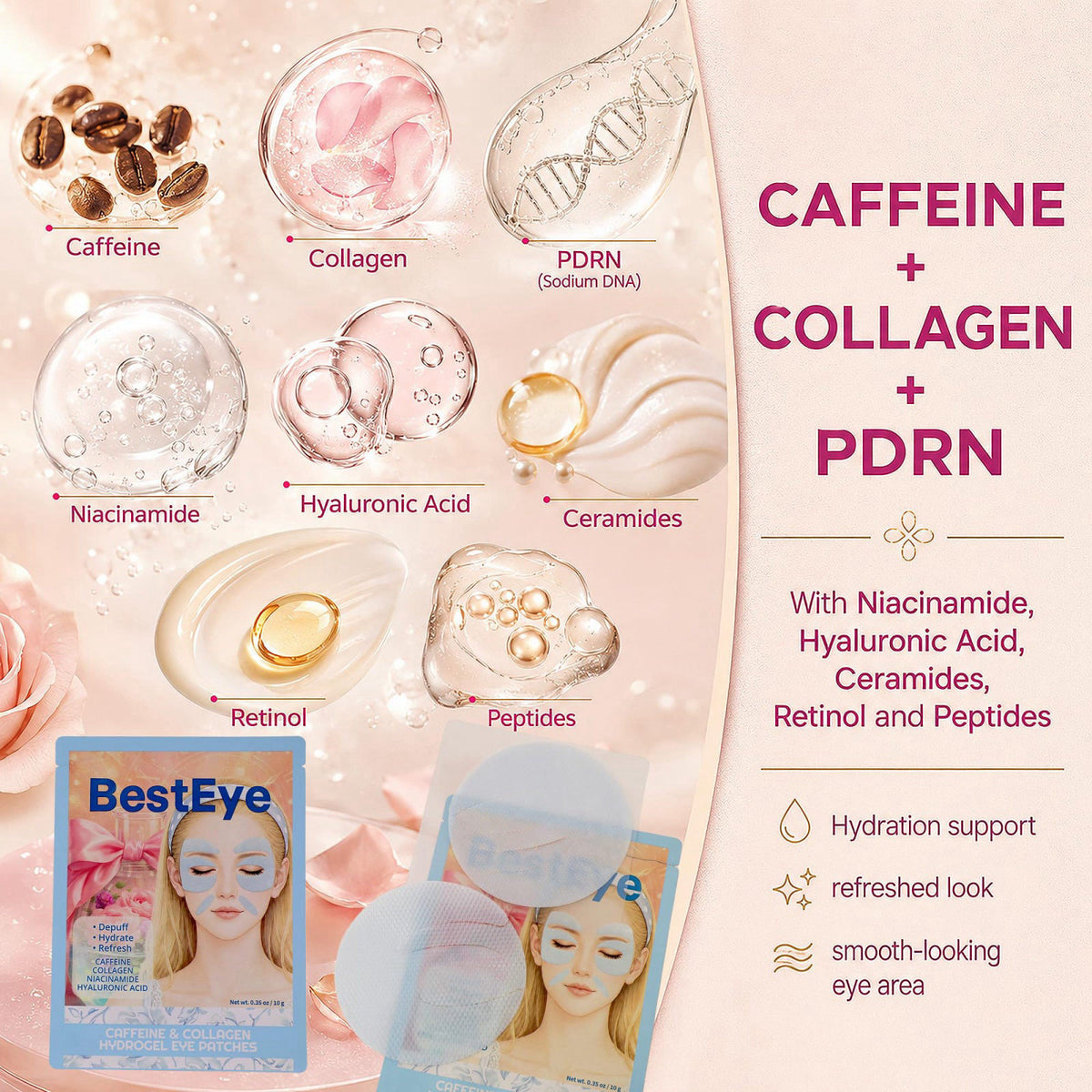 Besteye Collagen Under Eye Patches for Puffy Eyes and Dark Circles,Eye Mask – back view and specifications