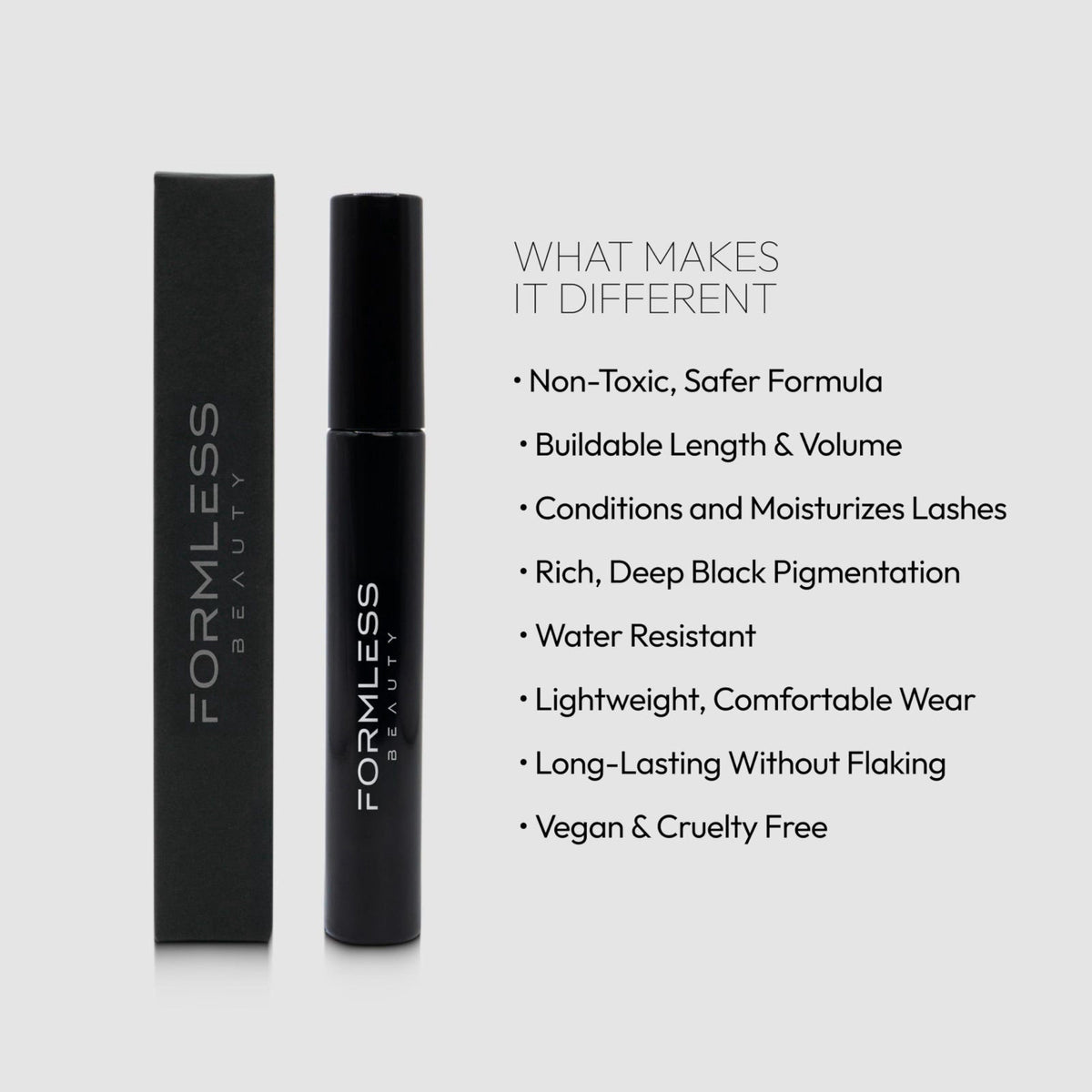 Formless Beauty by Jenny McCarthy Elevate Mascara & Classic Eyeliner, Black – close-up detail in Black