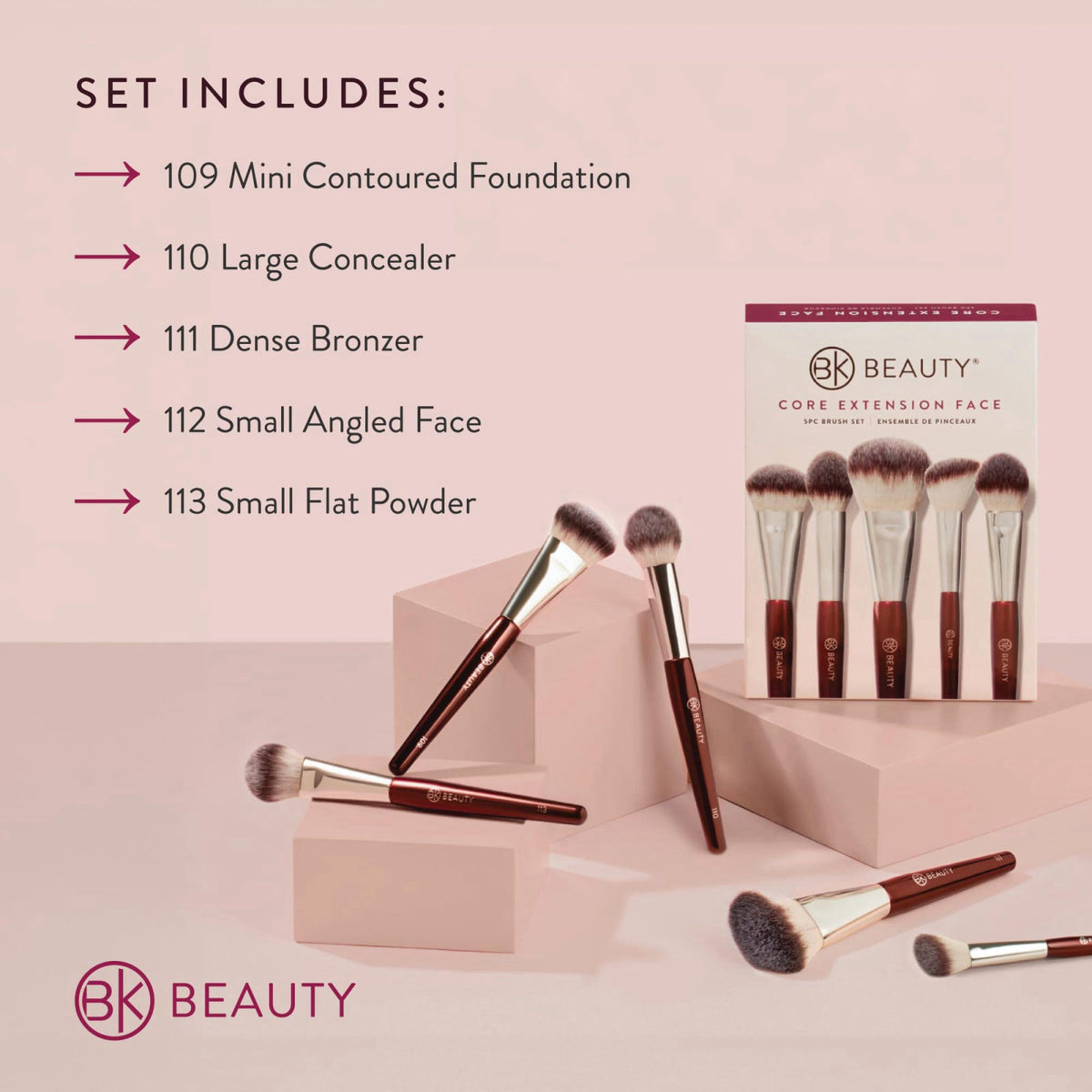BK BEAUTY - CORE LINE EXTENSION FACE SET (5PC) - Professional Makeup Brush Set for Liquid, Cream & Powder | Premium Make