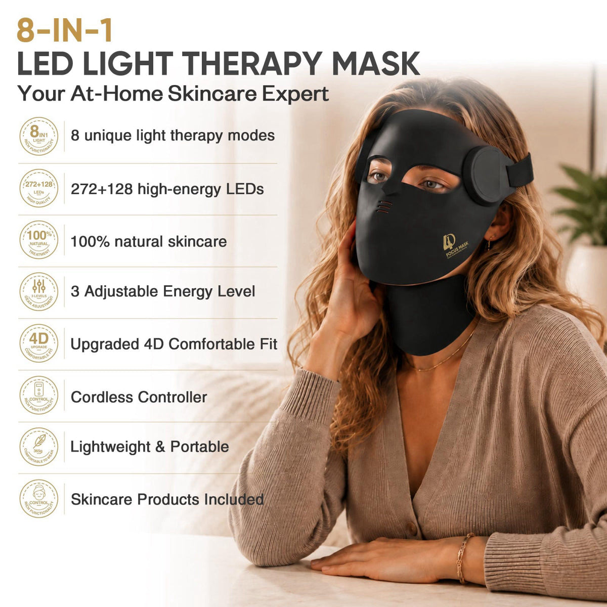 LuxRenew 4D Contour-Fit LED Light Therapy Mask for Face & Neck, Red Light Therapy Mask with 7 Colors & NIR Light, Rechar
