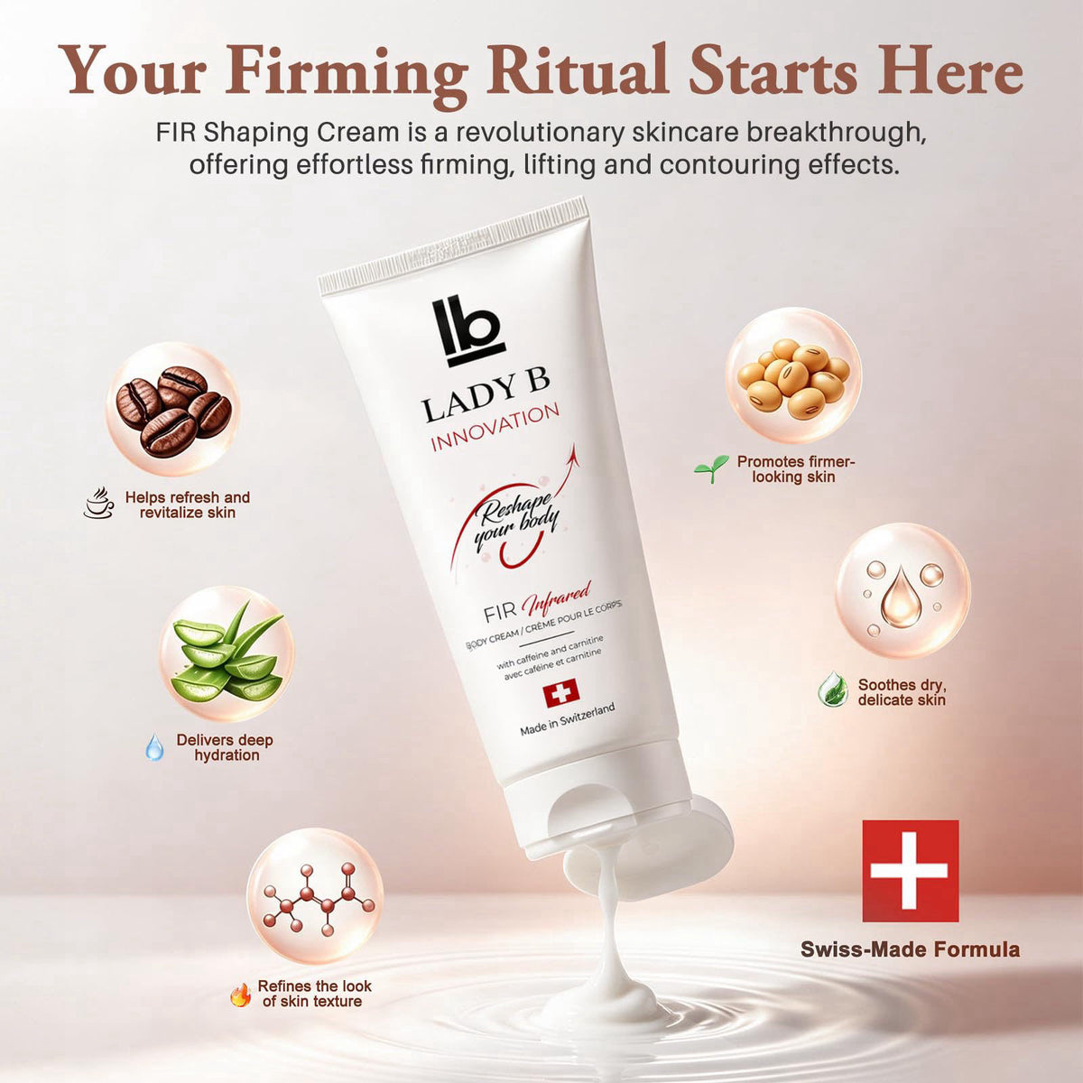 LADY B INNOVATION / FIR INFRARED LADY B Firming & Cellulite Body Lotion with Caffeine & Shea Butter – 6.8 Fl Oz Swiss Bo