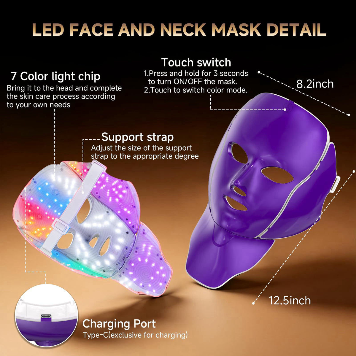 AIHEU 3D Cordless Red Light Therapy Mask for Face and Neck – back view and specifications