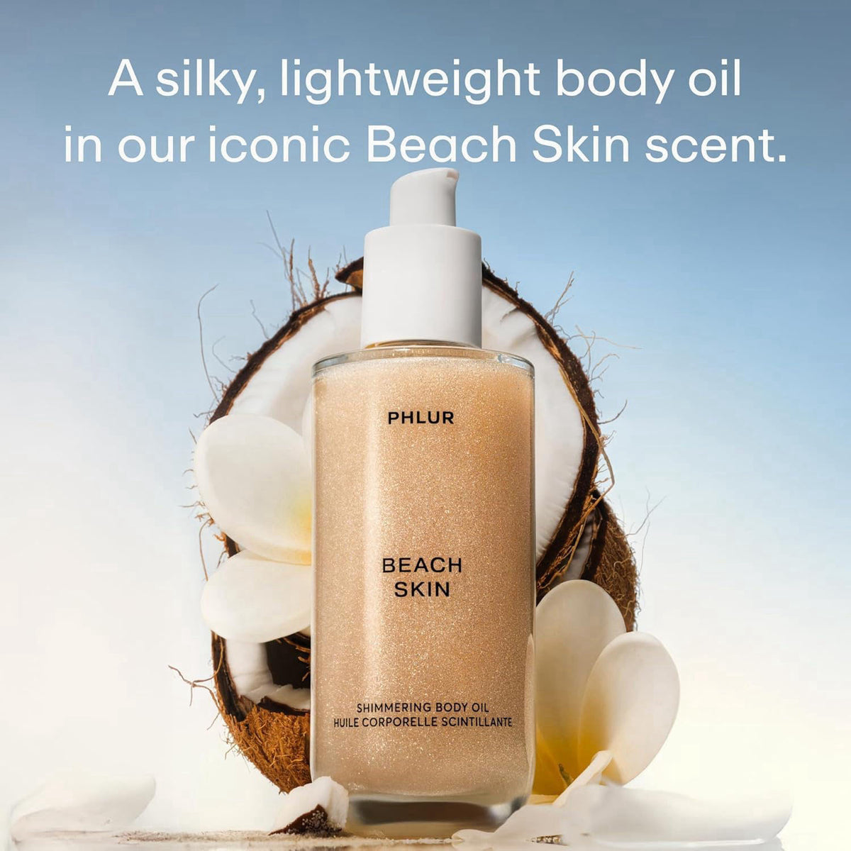 PHLUR Beach Skin Shimmering Body Oil, 4 Oz – Coconut, Vanilla & Sandalwood – close-up detail