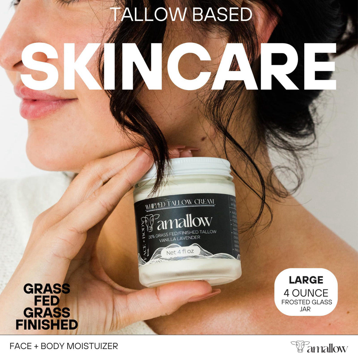 Amallow 100% Grass Fed Beef Tallow for Skin Care - Face + Body - Whipped Moisturizer - Natural Lotion, 4 FL. oz. (Vanill