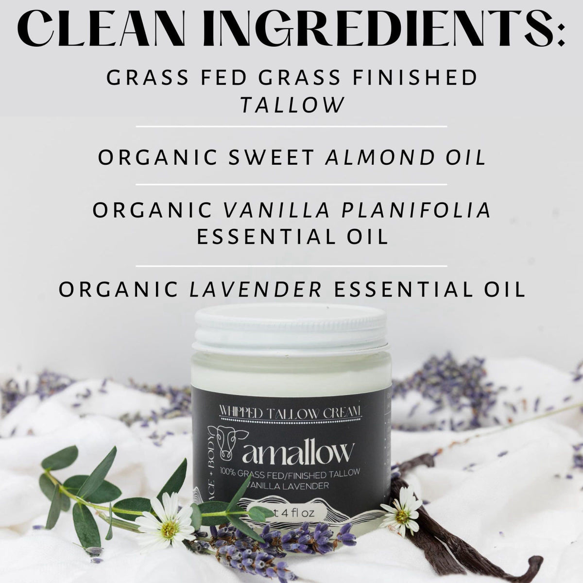 Amallow 100% Grass Fed Beef Tallow for Skin Care - Face + Body - Whipped Moisturizer - Natural Lotion, 4 FL. oz. (Vanill