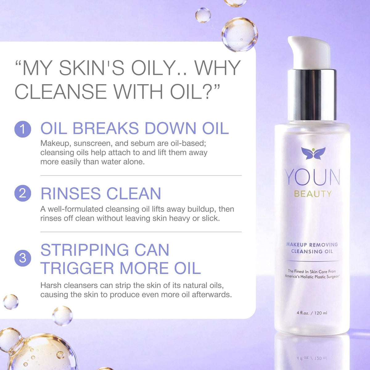 YOUN Beauty Makeup Remover Cleansing Oil, Hydrating Face Cleanser, 120 ml – packaging and label
