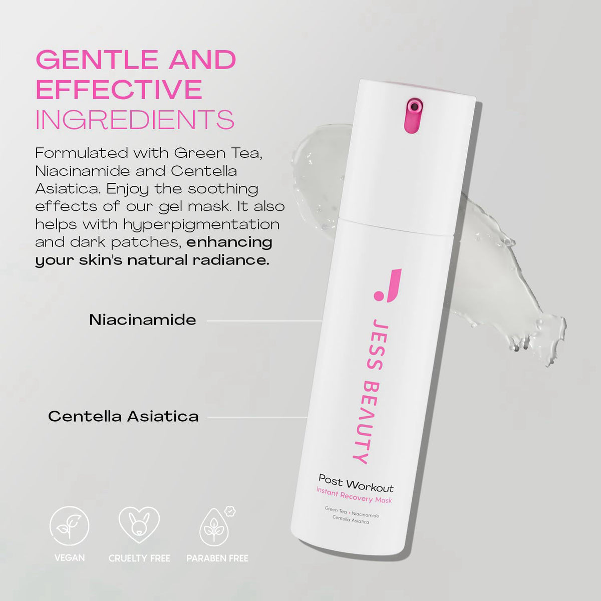 JESS BEAUTY | Post-Workout Gel Moisturizer | Deep Hydration Face Gel with Centella Asiatica, Niacinamide & Green Tea | S