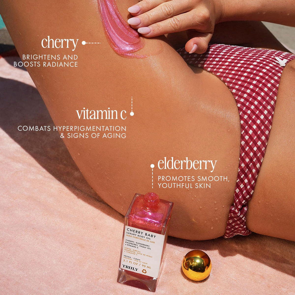 Truly Beauty Luxury Body Oil | Hydrating Shimmer Oil for Glowing Skin – back view and specifications