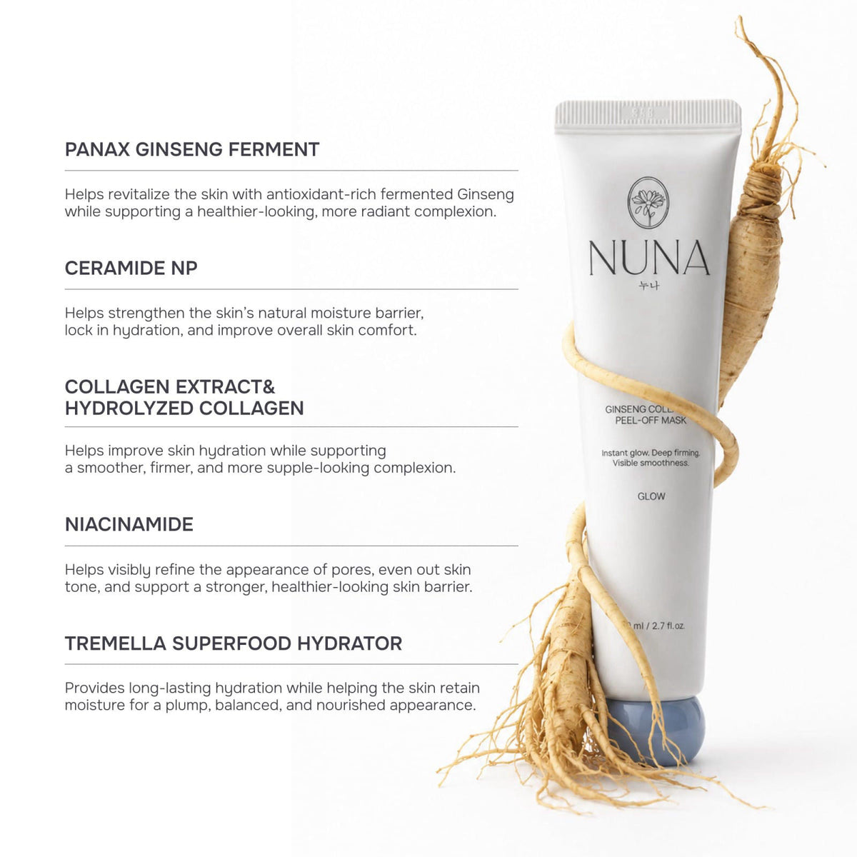 NUNA Ginseng Collagen Peel-Off Mask with Panax Ginseng Root Extract, Hydrolyzed Collagen, Niacinamide, Ceramide, 5-oil c