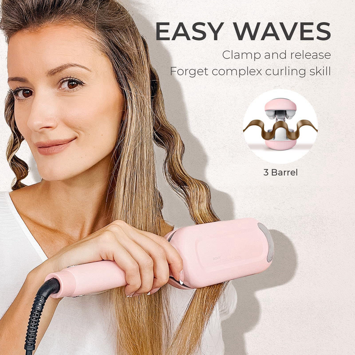 Curling Iron Hair Crimper Waver, TYMO ROVY Beach Waves Hair Curler – close-up detail in Pink