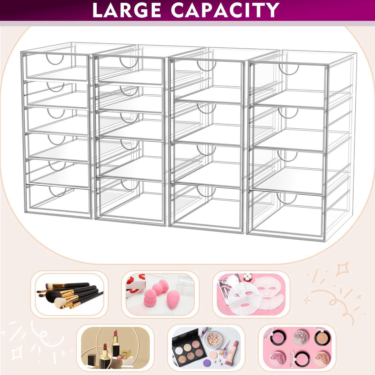 YFXCVSL Acrylic Makeup Organizer with 19 Drawers,Storage Drawer Organizer – back view and specifications