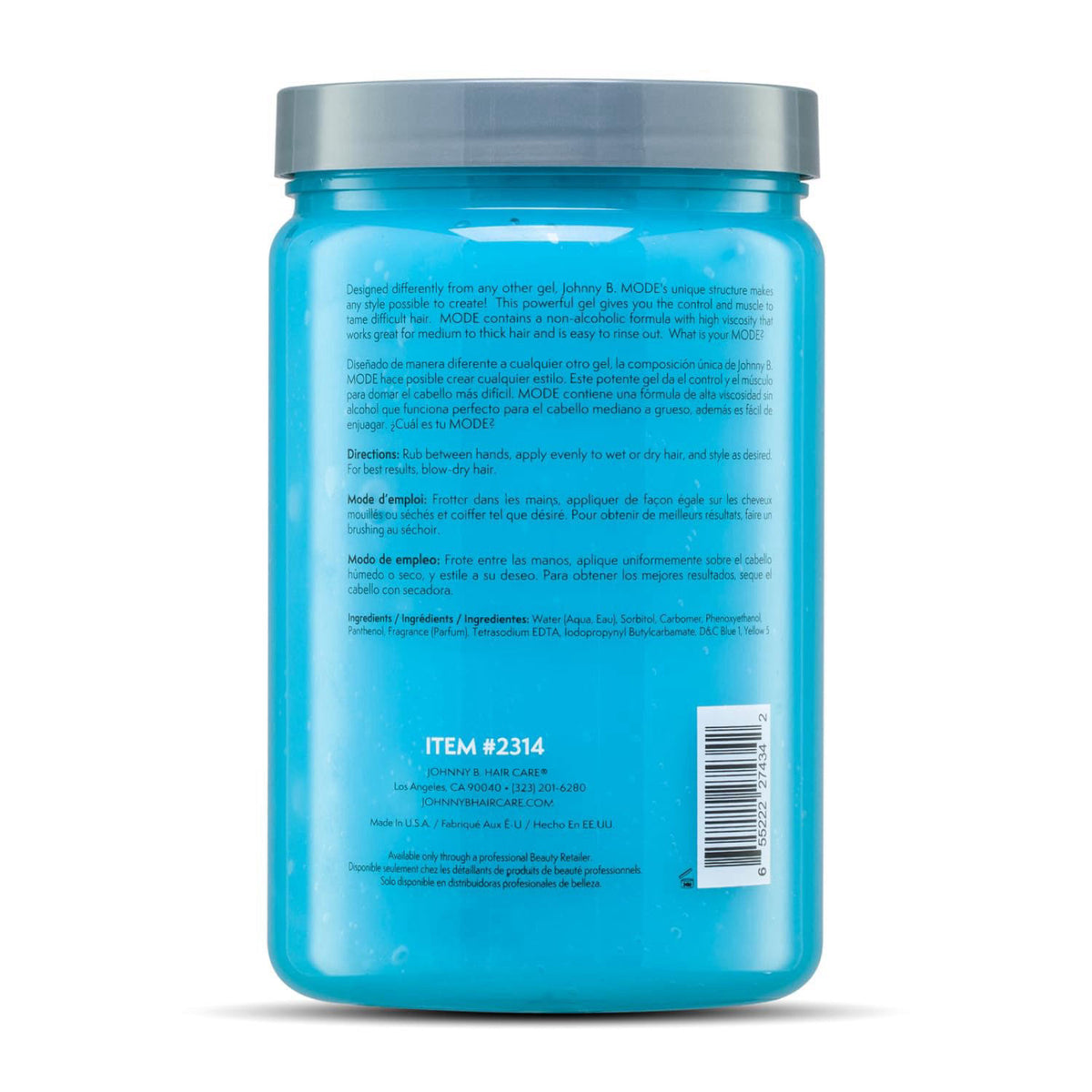 JOHNNY B. Mode Professional Hair Styling Gel, Long Lasting, Alcohol-free, No-flake formula – back view and specification