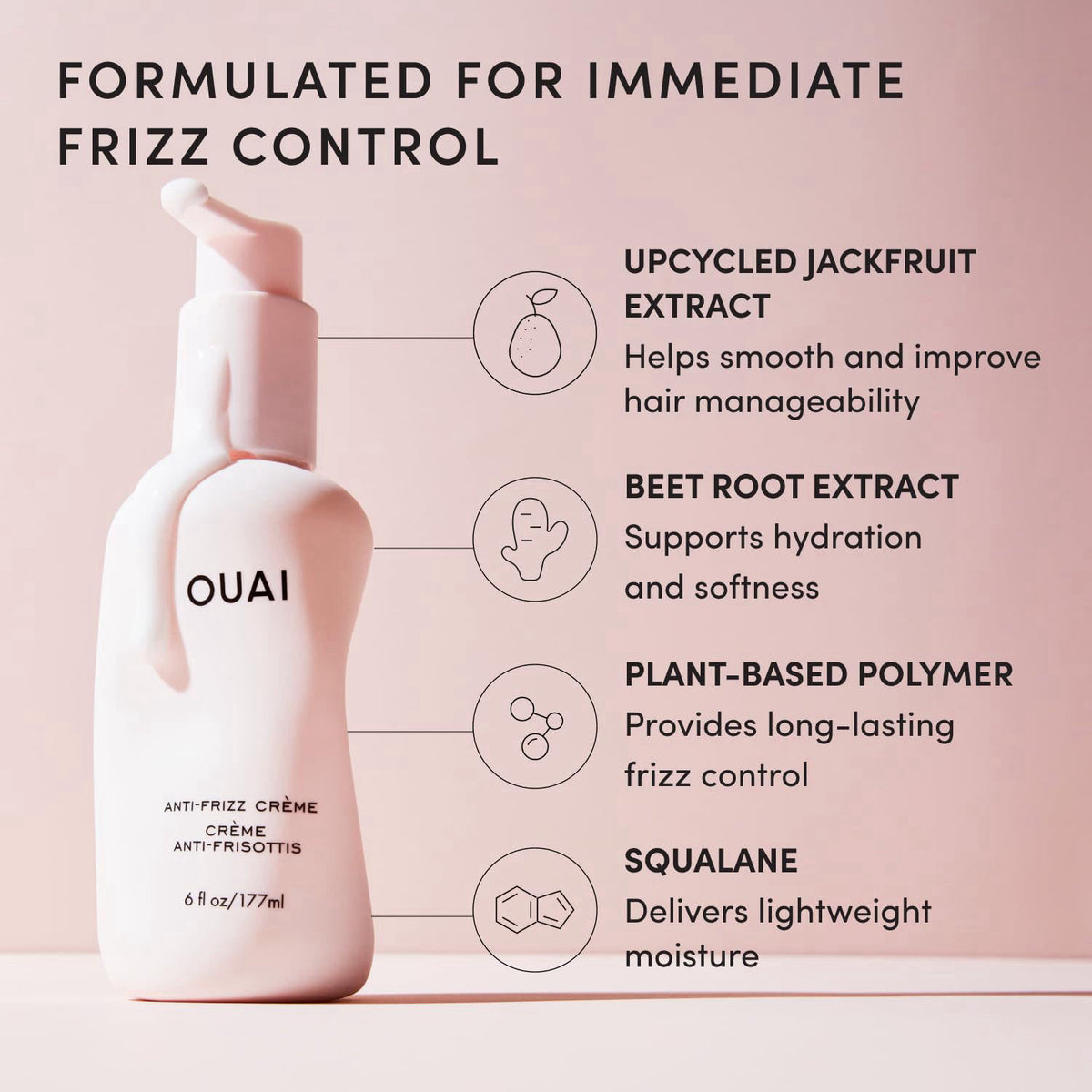 OUAI Anti Frizz Cream - Paraben, Phthalate & Sulfate Free (6 oz) – back view and specifications