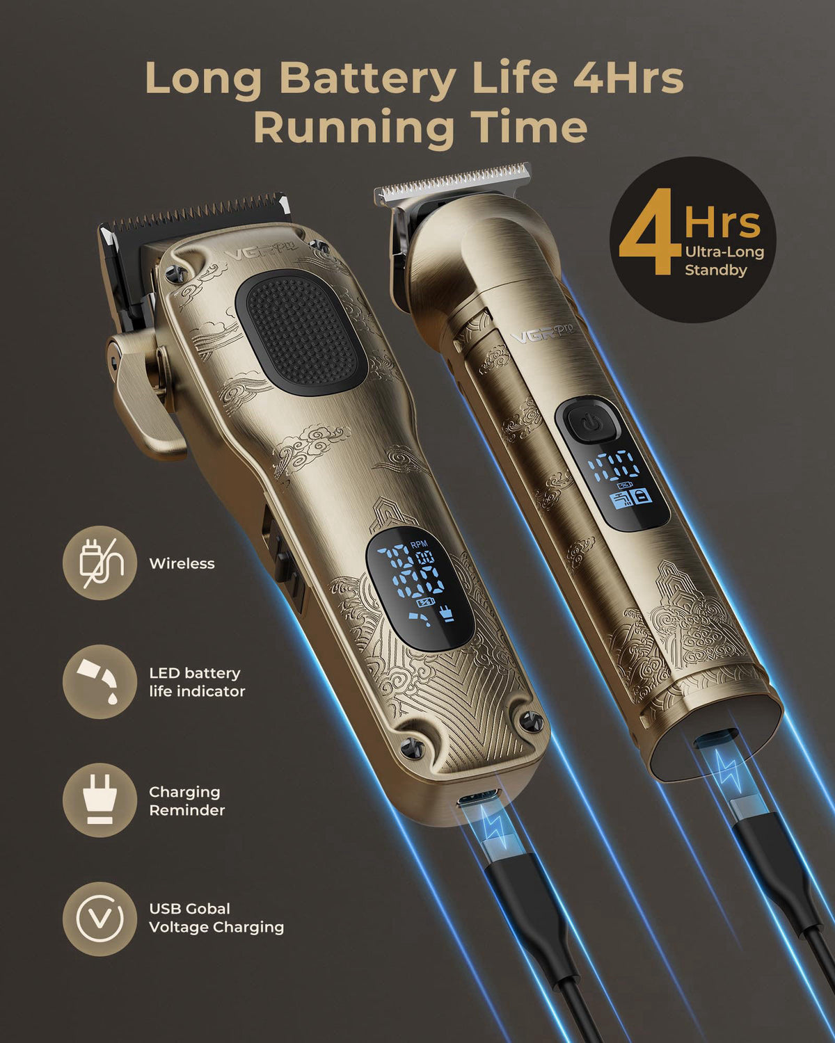 VGRPRO Hair Clippers for Men Professional, Cordless Clipper and Trimmer Set – back view and specifications