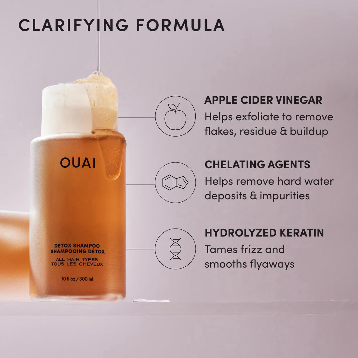 OUAI Detox Shampoo - Clarifying Shampoo for Build Up & Hard Water (16 oz) – back view and specifications
