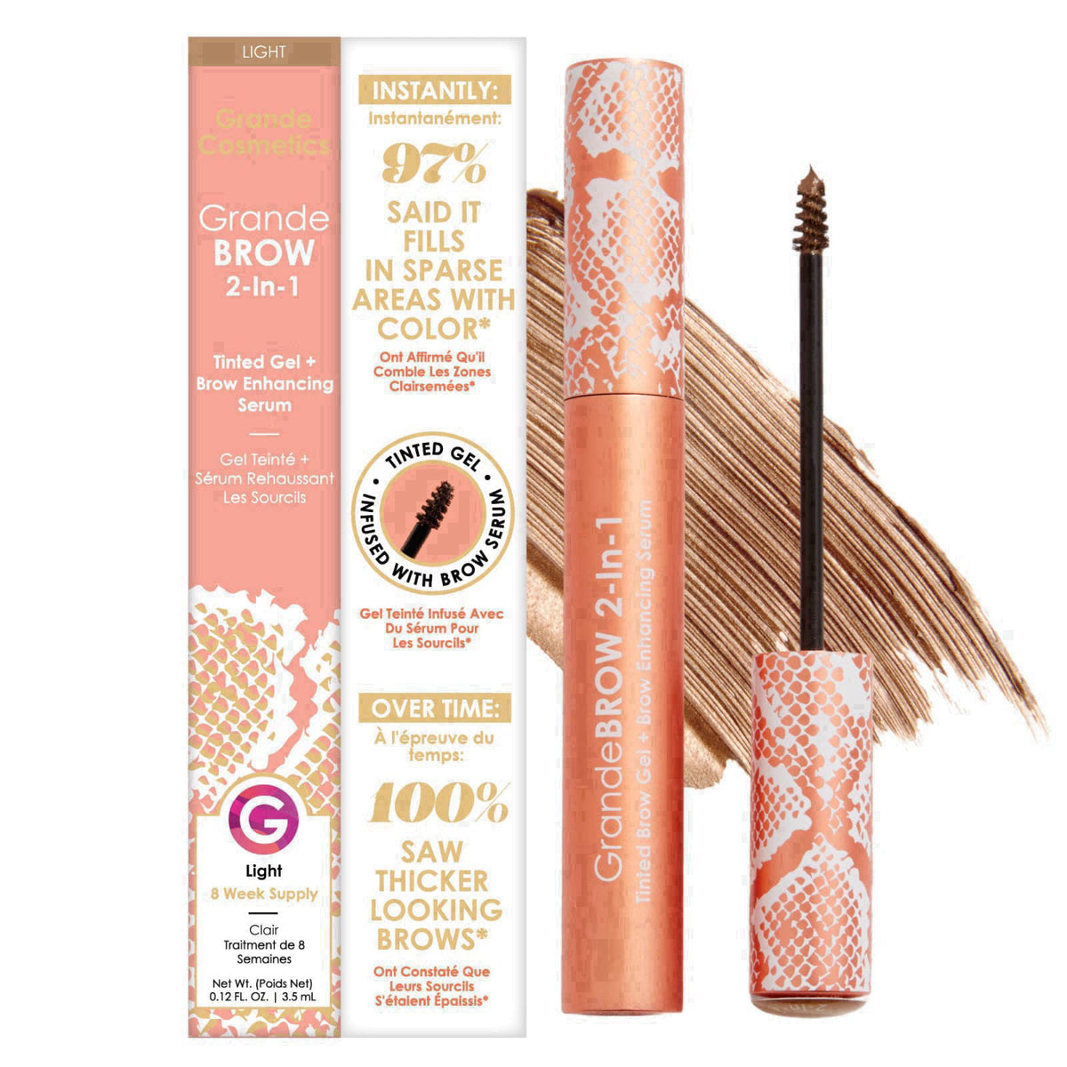 Grande Cosmetics GrandeBROW 2-in-1 Tinted Brow Gel + Brow Enhancing Serum for Thicker & Darker-Looking Eyebrows, Shape &