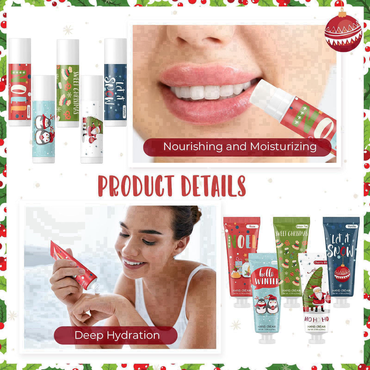 Heigble 30 Pcs Christmas Hand Cream and Lip Balm Gift Sets – packaging and label