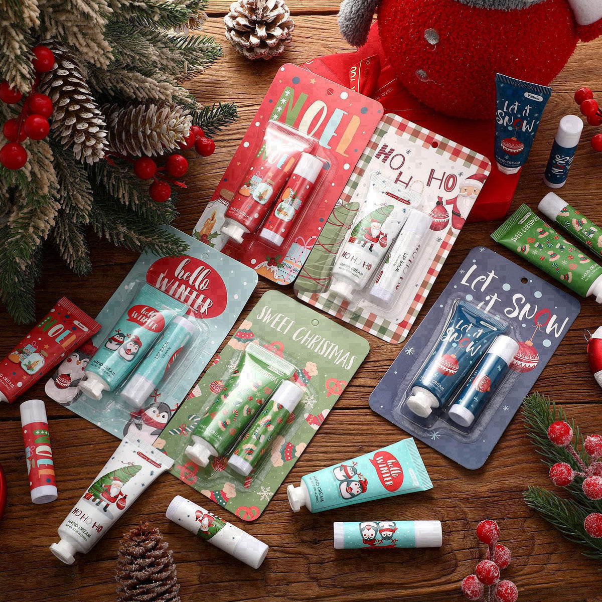 Heigble 30 Pcs Christmas Hand Cream and Lip Balm Gift Sets – full view