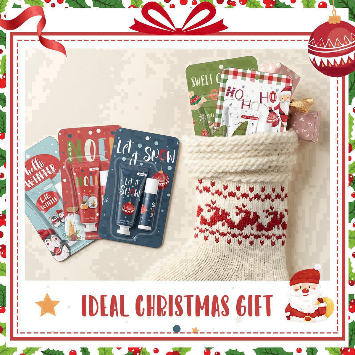 Heigble 30 Pcs Christmas Hand Cream and Lip Balm Gift Sets – back view and specifications