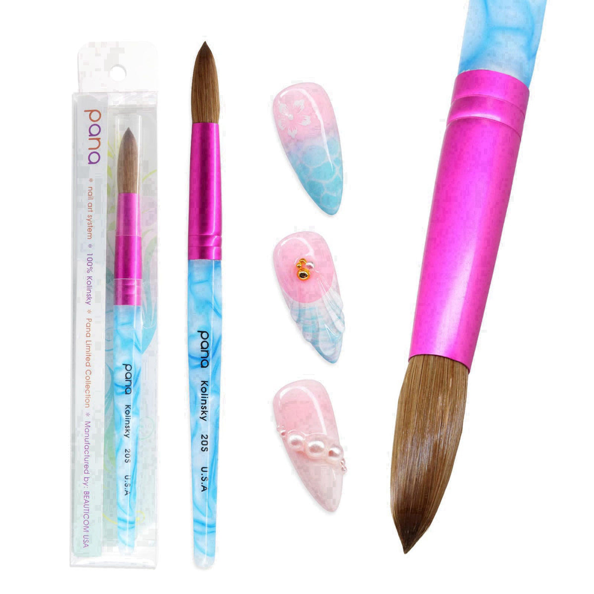 PANA Pure Kolinsky Hair Acrylic Nail Brush - Round Shape Pink Ferrule with White Swirl Blue Handle (Size 20) – close-up 