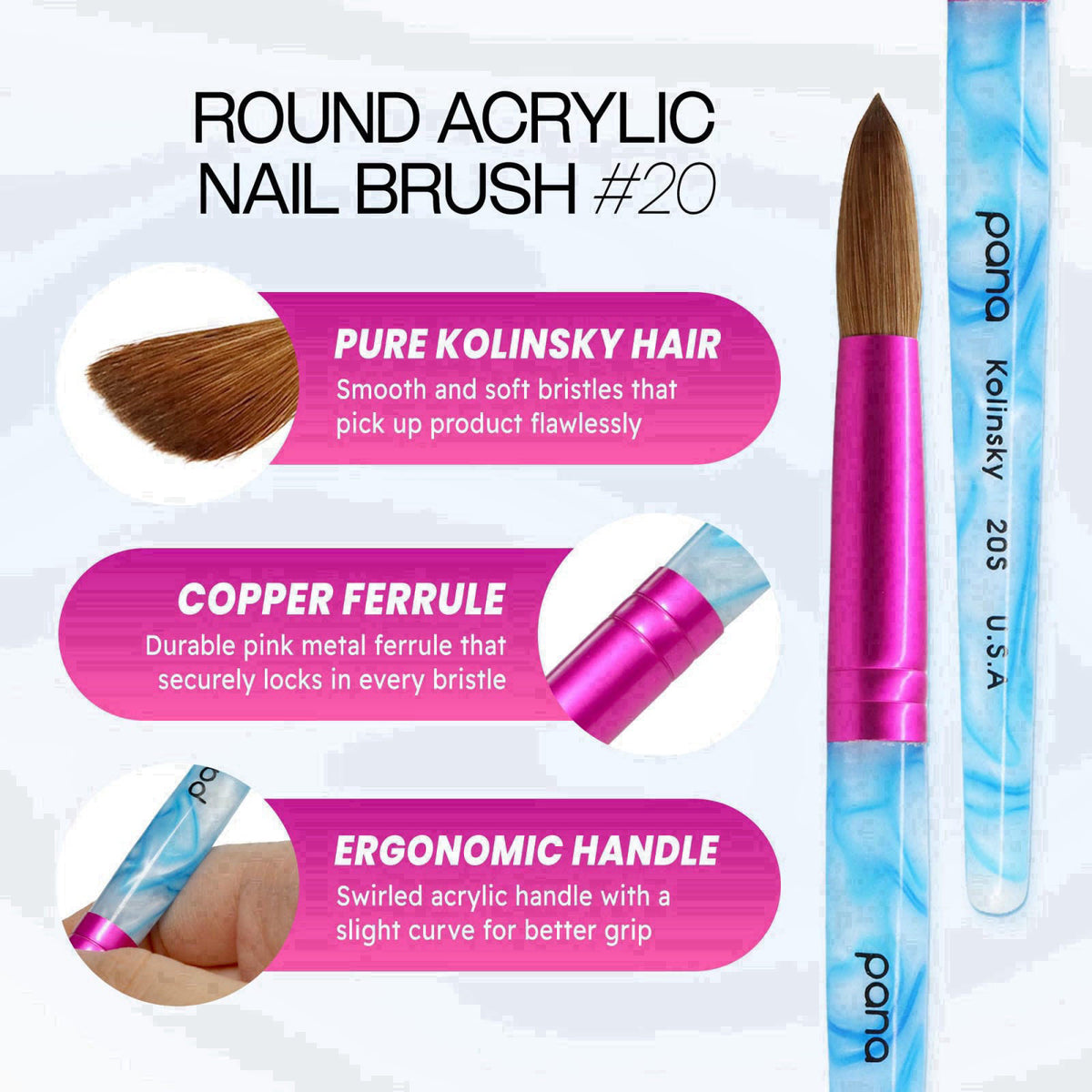 PANA Pure Kolinsky Hair Acrylic Nail Brush - Round Shape Pink Ferrule with White Swirl Blue Handle (Size 20) – packaging