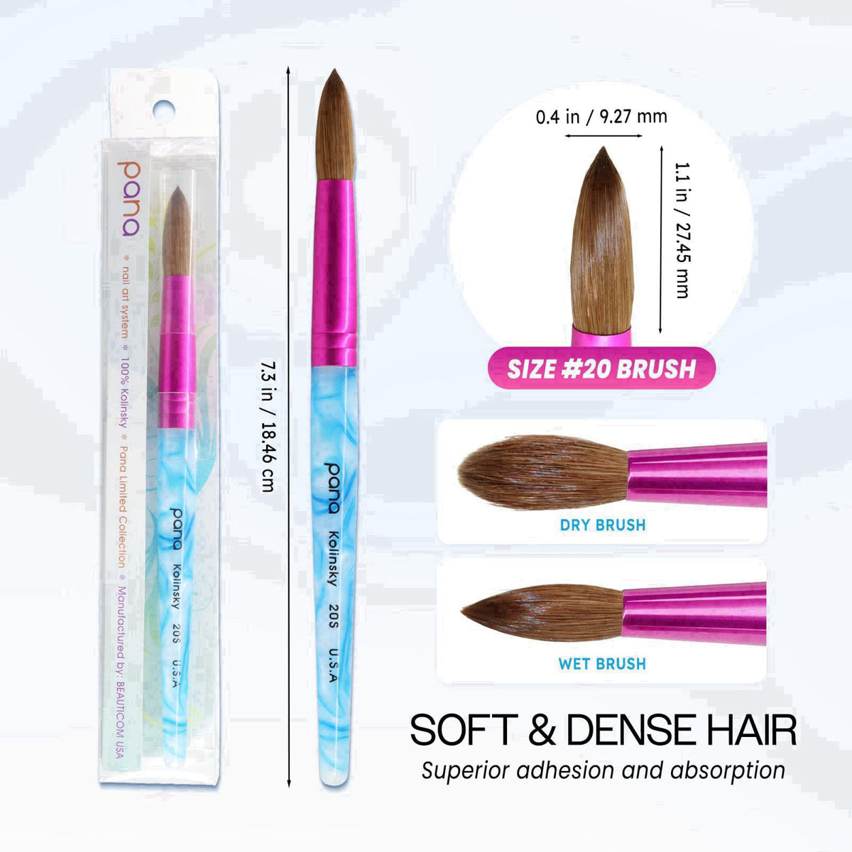 PANA Pure Kolinsky Hair Acrylic Nail Brush - Round Shape Pink Ferrule with White Swirl Blue Handle (Size 20) – full view