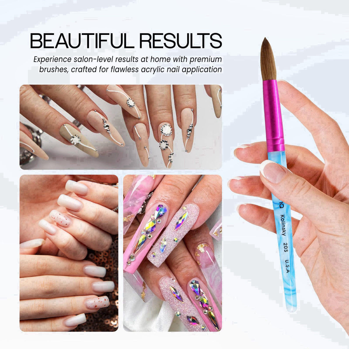 PANA Pure Kolinsky Hair Acrylic Nail Brush - Round Shape Pink Ferrule with White Swirl Blue Handle (Size 20) – back view