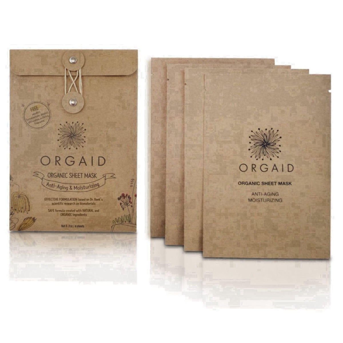ORGAID Organic Sheet Mask | Made in USA (Anti-aging & Moisturizing, pack of 4) – packaging and label