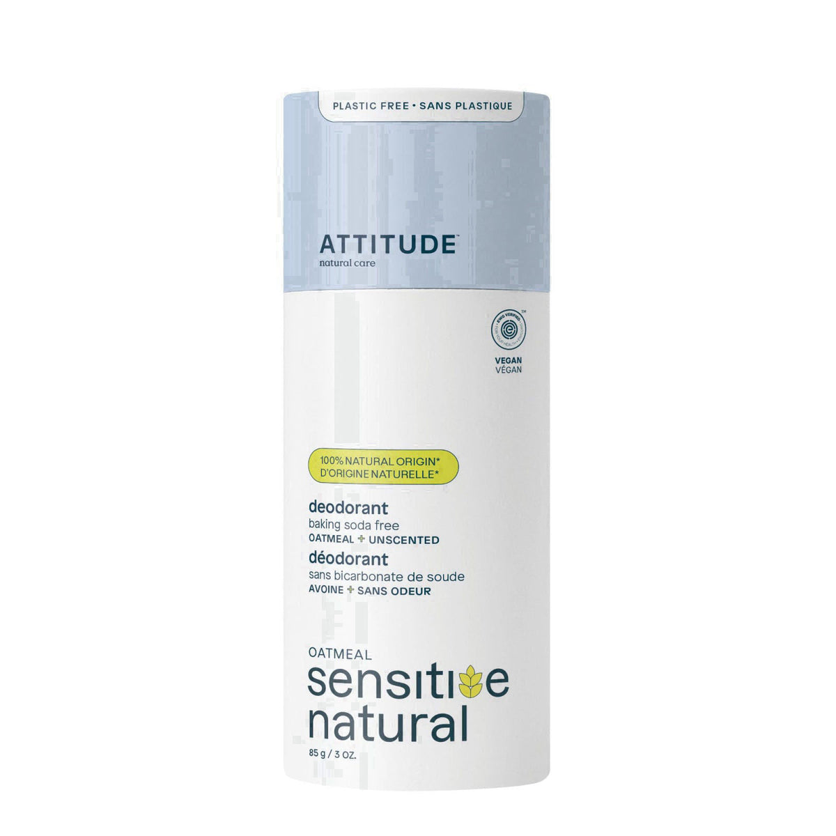 ATTITUDE Baking Soda Free Deodorant for Sensitive Skin with Oatmeal, EWG Verified, Aluminum Free, Plastic-Free, Unscente