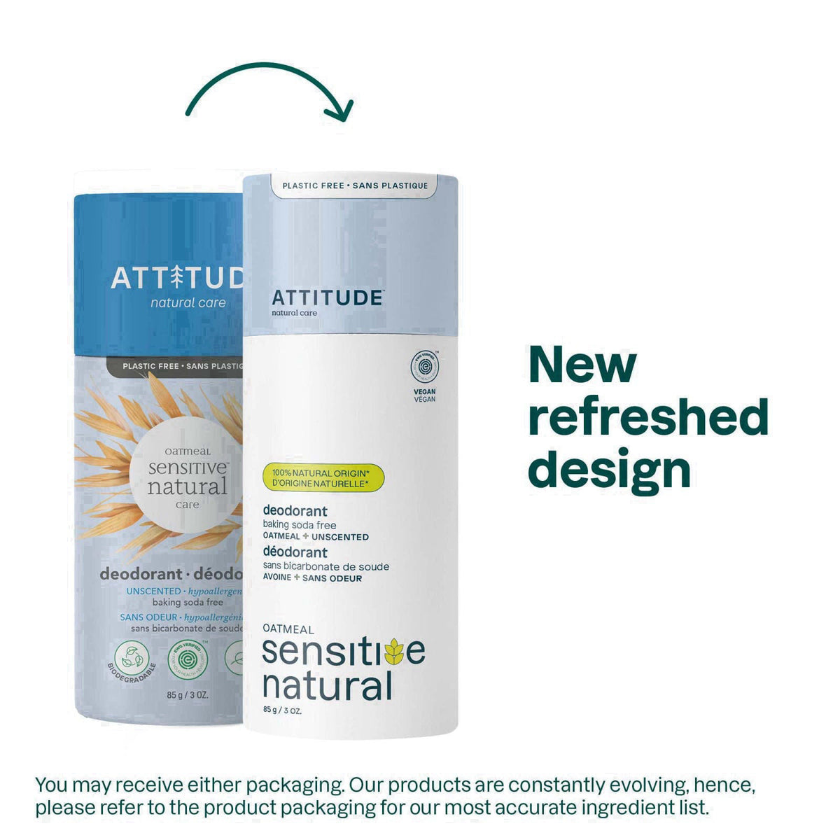 ATTITUDE Baking Soda Free Deodorant for Sensitive Skin with Oatmeal, EWG Verified, Aluminum Free, Plastic-Free, Unscente