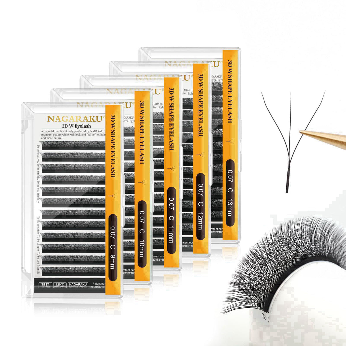 NAGARAKU 3D W Premade Fans Lash Extensions 0.07 C 9/10/11/12/13mm 5 Trays – product photo (False Lashes)