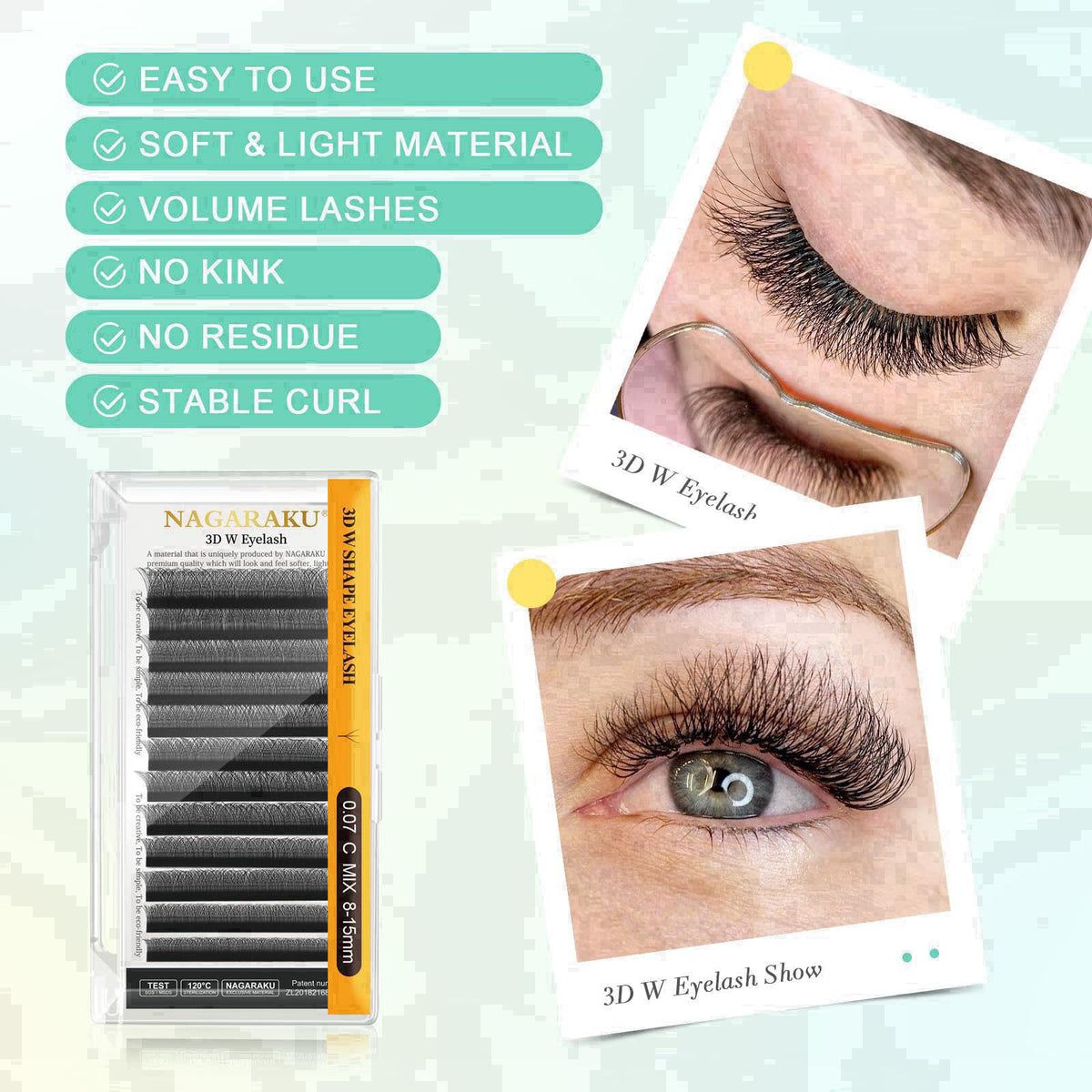 NAGARAKU 3D W Premade Fans Lash Extensions 0.07 C 9/10/11/12/13mm 5 Trays – close-up detail in 0.07-C 3D W