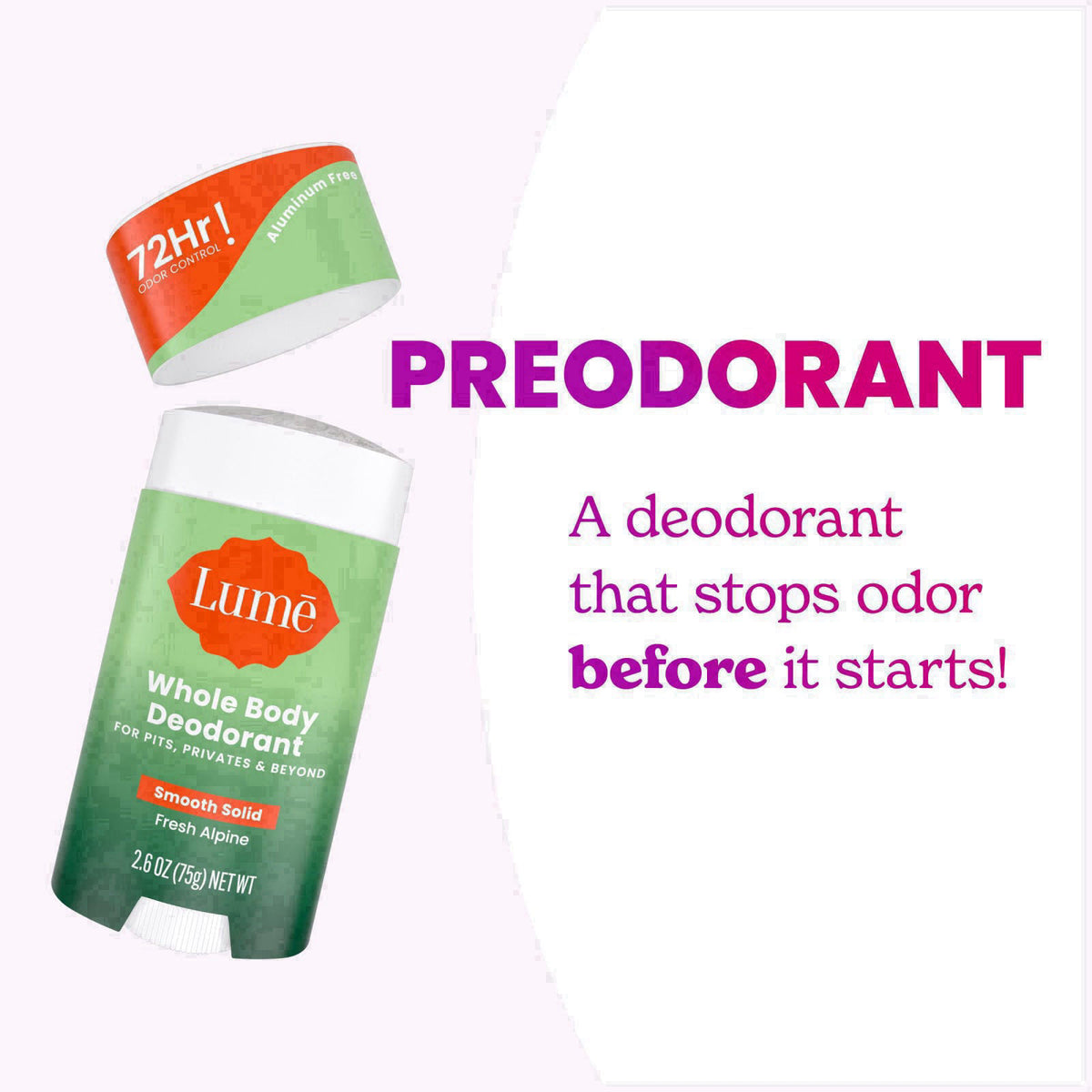 Lume Whole Body Deodorant Cream Tube & Solid Stick - 3oz & 2.6oz (Alpine) – back view and specifications