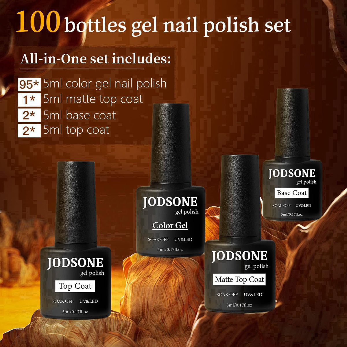 JODSONE 100 PCS (5 ml each) Gel Nail Polish Kit No Wipe Soak off Base Coat and Matte Glossy Top Coat Gel Polish Collecti