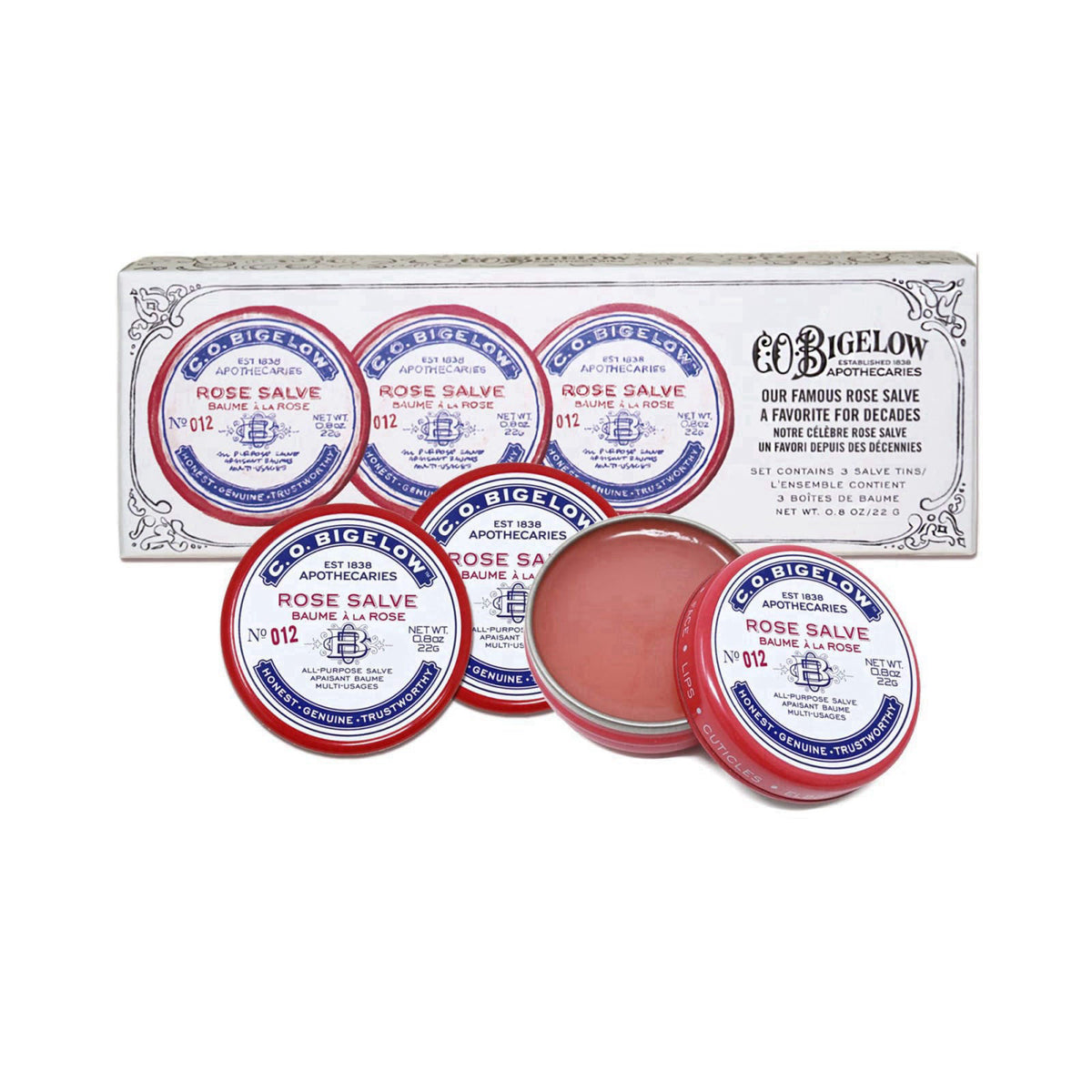 C. O. Bigelow C.O. Bigelow Rose Salve Tins, Pack of 3 Lip Balm Tins – close-up detail in Rose