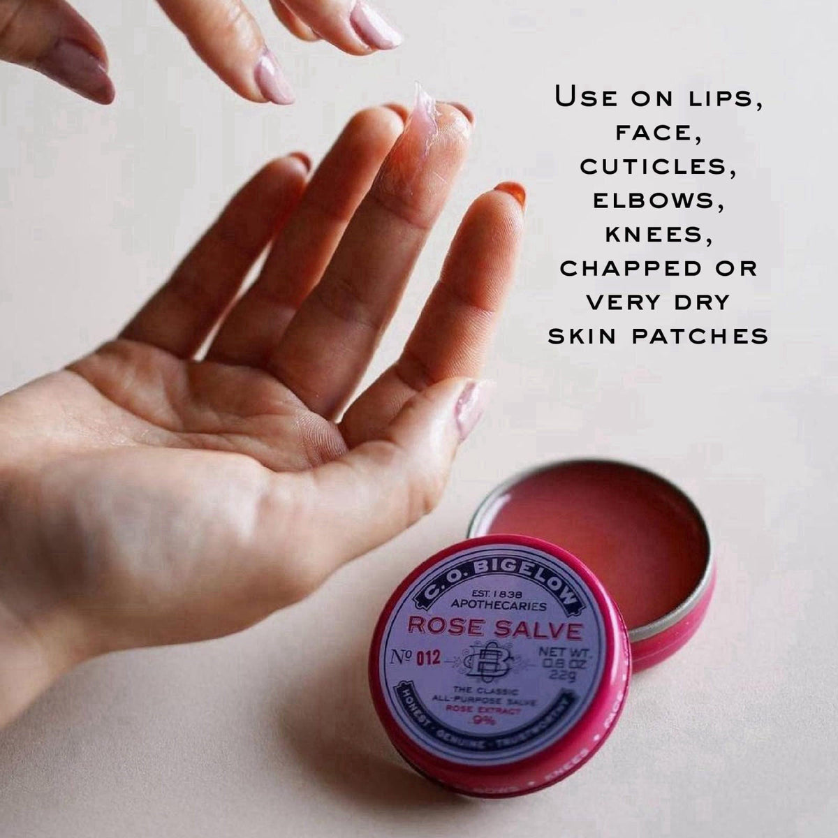 C. O. Bigelow C.O. Bigelow Rose Salve Tins, Pack of 3 Lip Balm Tins – packaging and label