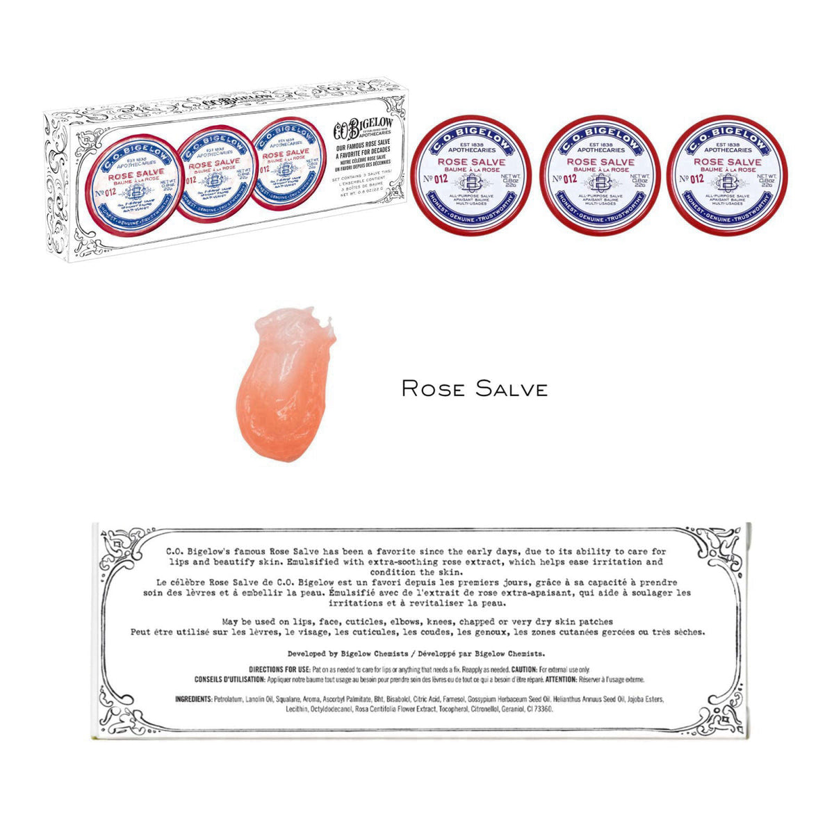 C. O. Bigelow C.O. Bigelow Rose Salve Tins, Pack of 3 Lip Balm Tins – back view and specifications