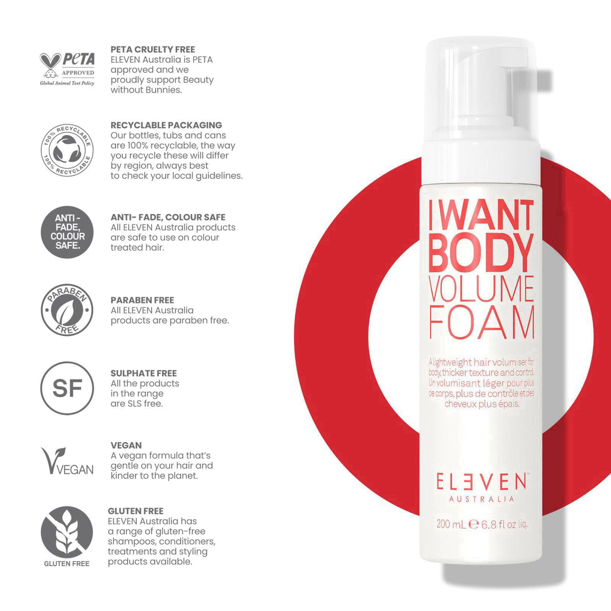 ELEVEN AUSTRALIA I Want Body Volume Foam, Lightweight Mousse - 6.8 Fl Oz – back view and specifications