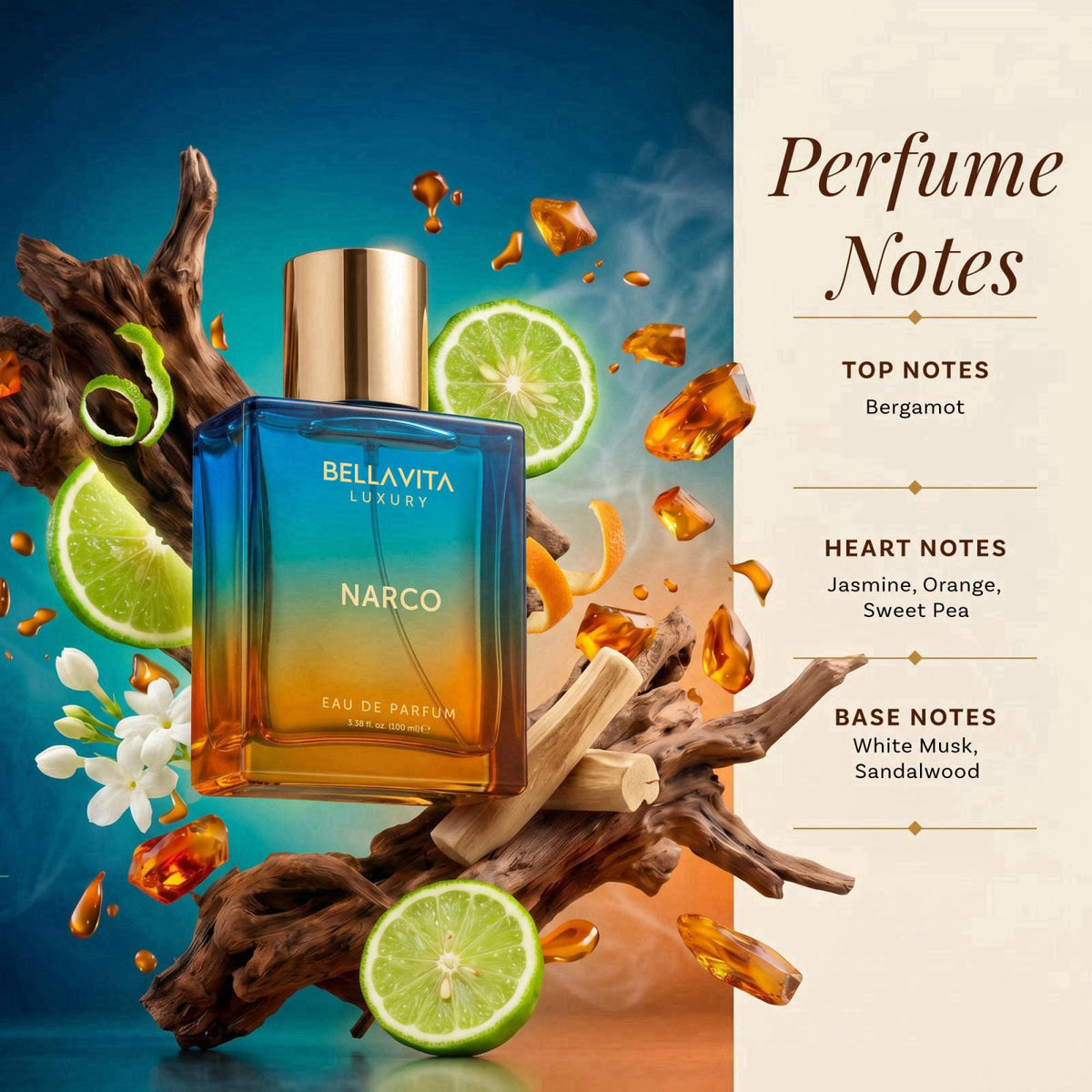 Bellavita Luxury Narco Eau de Parfum | 100 ml (3.4 fl.oz.) | Perfume for Men and Women | Floral, Bergamot, Jasmine, and 