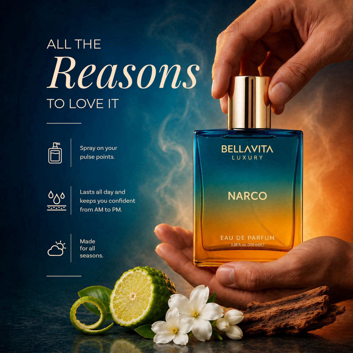 Bellavita Luxury Narco Eau de Parfum | 100 ml (3.4 fl.oz.) | Perfume for Men and Women | Floral, Bergamot, Jasmine, and 