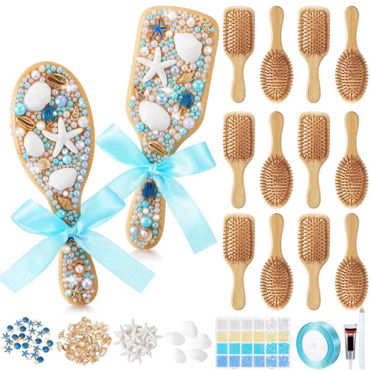 Acellegic 12 Set Wooden Hair Brush Decorating Kit, Ocean Style, Blue – product photo (Hair Brushes)
