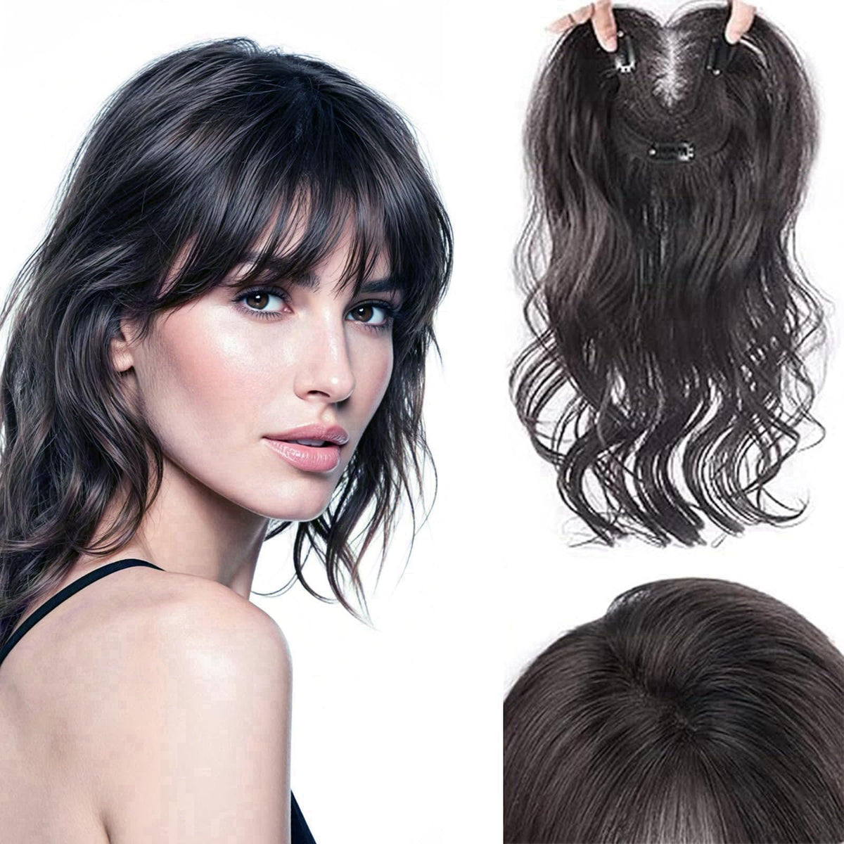 EREE HAIR 18" Invisible Natural Wavy Hair Topper with Curtain Bangs Forehead Invisible Top Hairpiece Free Part Clip 