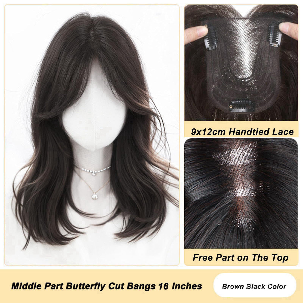 EREE HAIR 18" Invisible Natural Wavy Hair Topper with Curtain Bangs Forehead Invisible Top Hairpiece Free Part Clip 