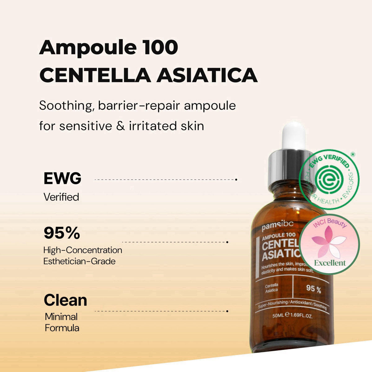 PAMSIBC Ampoule 100 Centella Asiatica | 950,000ppm Cica Extract | Redness Relief | Fragrance-Free Clean Minimal Non-Grea