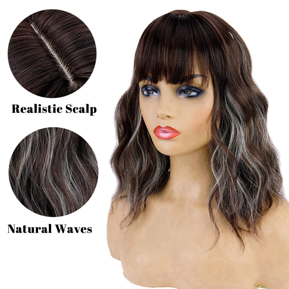 andromeda Brown Mixed Blonde Short Bob Wavy Wig with Bangs for women – packaging and label