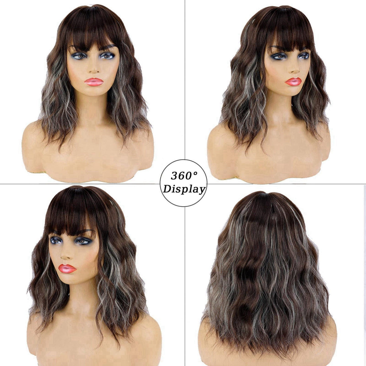 andromeda Brown Mixed Blonde Short Bob Wavy Wig with Bangs for women – back view and specifications