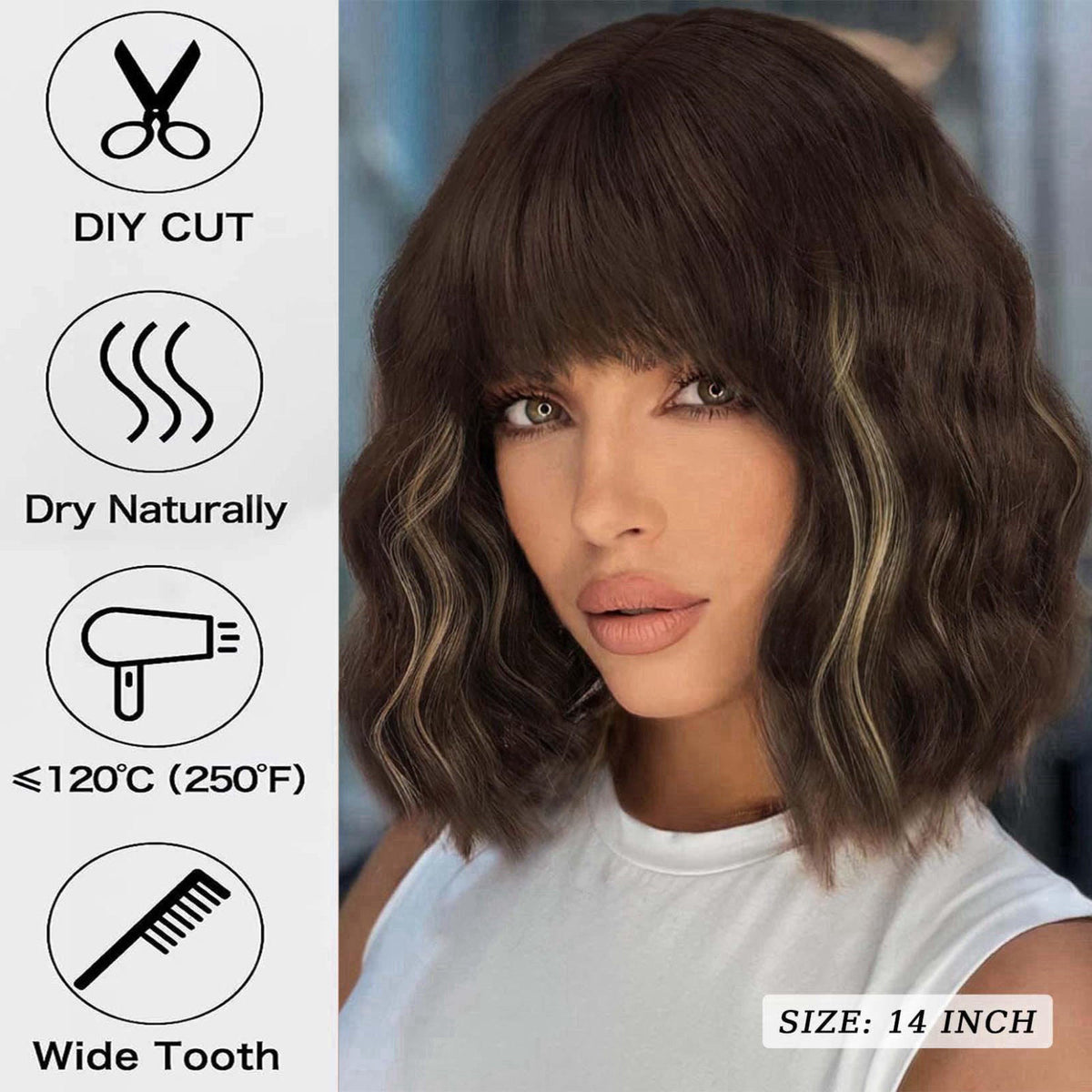 andromeda Brown Mixed Blonde Short Bob Wavy Wig with Bangs for women – alternate angle